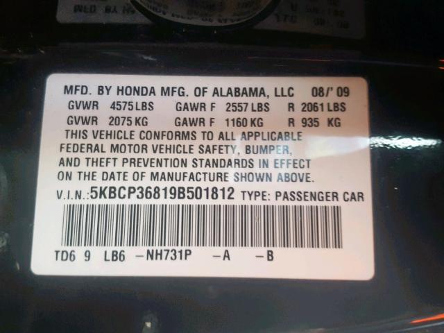 5KBCP36819B501812 - 2009 HONDA ACCORD EXL BLACK photo 10