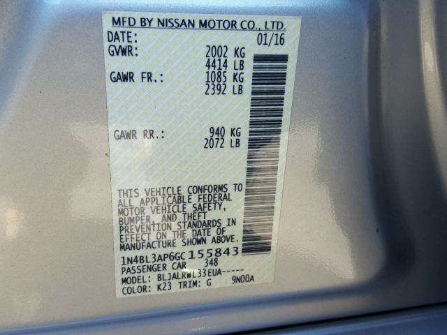 1N4BL3AP6GC155843 - 2016 NISSAN ALTIMA 3.5 SILVER photo 10