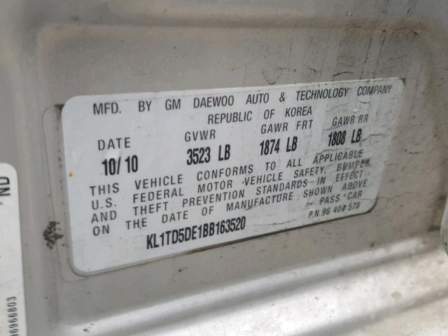 KL1TD5DE1BB163520 - 2011 CHEVROLET AVEO LS SILVER photo 10