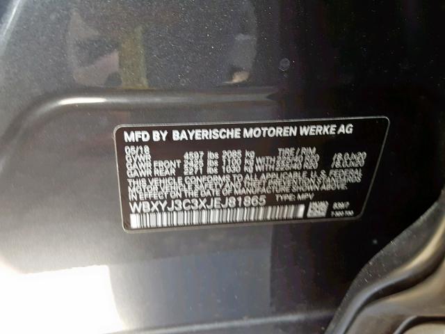 WBXYJ3C3XJEJ81865 - 2018 BMW X2 SDRIVE2 GRAY photo 10