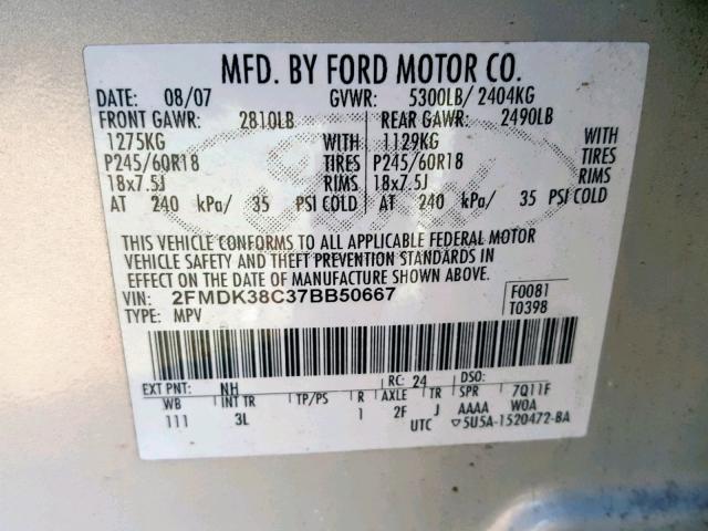 2FMDK38C37BB50667 - 2007 FORD EDGE SEL BEIGE photo 10