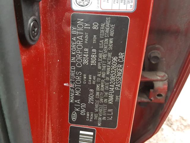 KNAFU4A20B5326096 - 2011 KIA FORTE EX RED photo 10