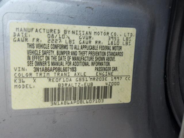 3N1AB6AP0BL607103 - 2011 NISSAN SENTRA 2.0 GRAY photo 10