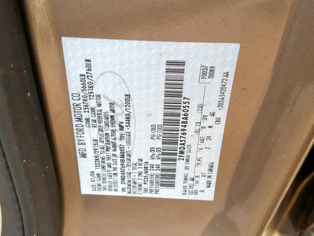 2FMDA57694BA60557 - 2004 FORD FREESTAR S TAN photo 10