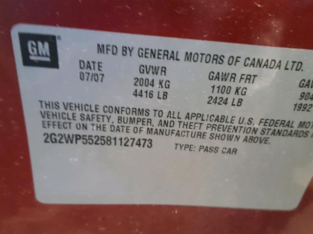 2G2WP552581127473 - 2008 PONTIAC GRAND PRIX Բորդո լուսանկար 10