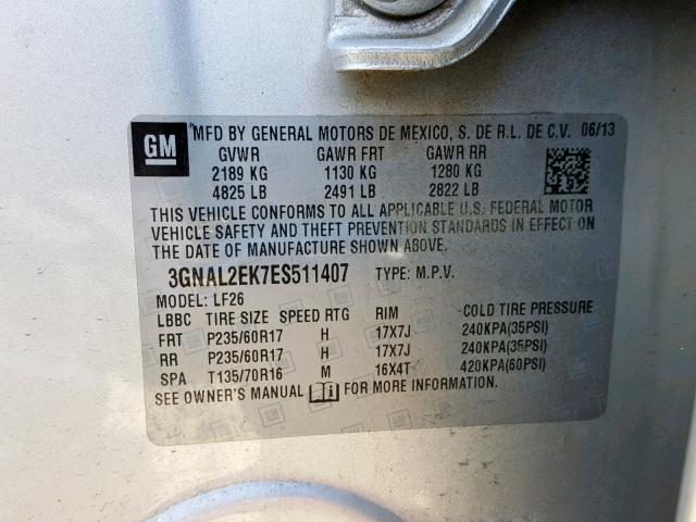 3GNAL2EK7ES511407 - 2014 CHEVROLET CAPTIVA LS 银色 照片 10