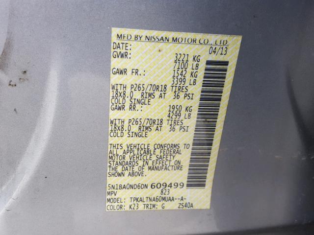 5N1BA0ND6DN609499 - 2013 NISSAN ARMADA SV GRAY photo 10