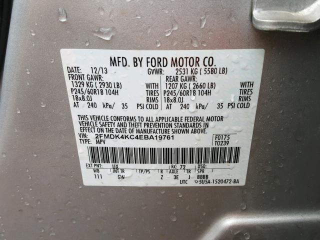 2FMDK4KC4EBA19761 - 2014 FORD EDGE LIMIT SILVER photo 10