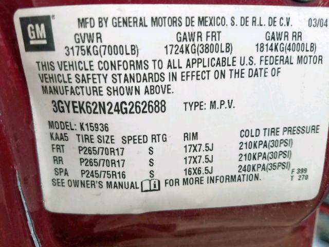 3GYEK62N24G262688 - 2004 CADILLAC ESCALADE E RED photo 10