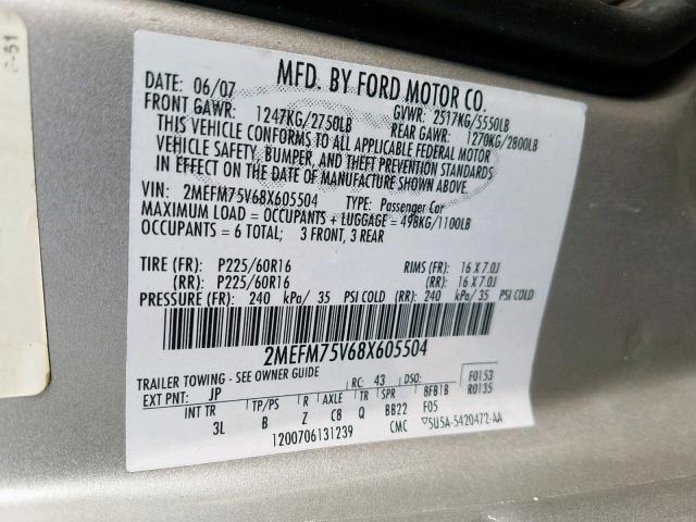 2MEFM75V68X605504 - 2008 MERCURY GRAND MARQ GRAY photo 10