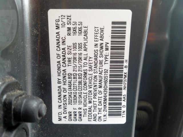 2HKRM4H39DH605192 - 2013 HONDA CR-V LX GRAY photo 10