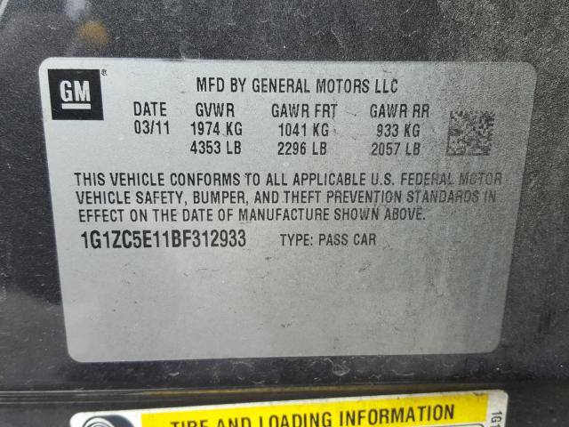 1G1ZC5E11BF312933 - 2011 CHEVROLET MALIBU 1LT GRAY photo 10