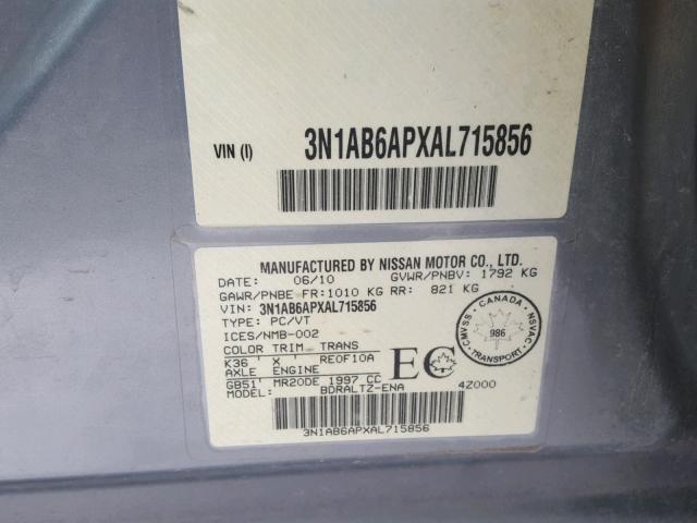 3N1AB6APXAL715856 - 2010 NISSAN SENTRA 2.0 GRAY photo 10