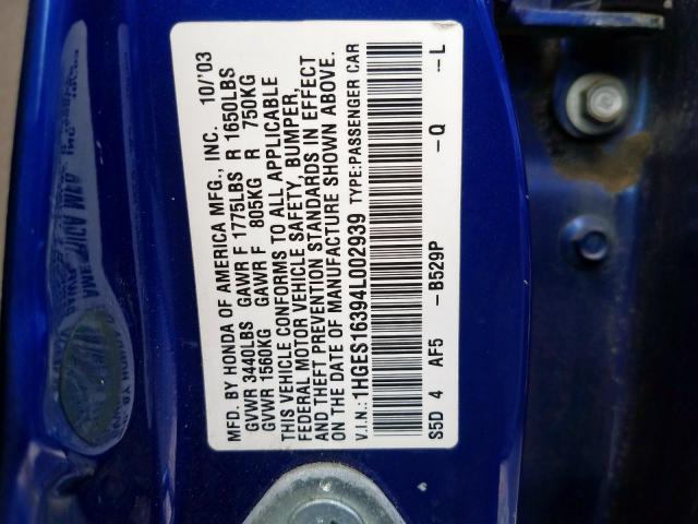 1HGES16394L002939 - 2004 HONDA CIVIC DX V BLUE photo 10