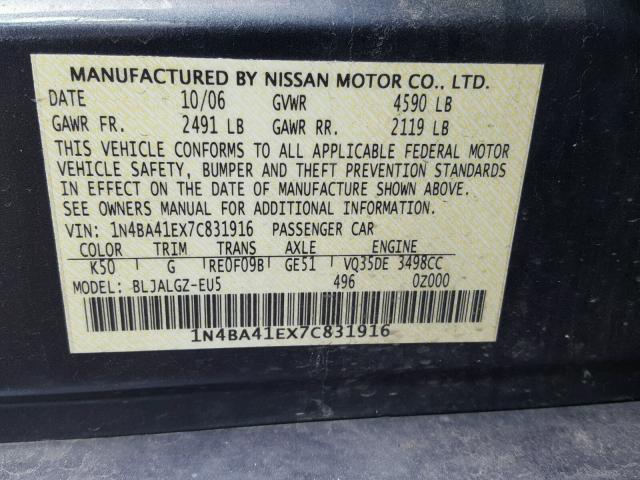 1N4BA41EX7C831916 - 2007 NISSAN MAXIMA SE GRAY photo 10