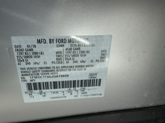 1FM5K7F86JGA70659 - 2018 FORD EXPLORER L SILVER photo 10