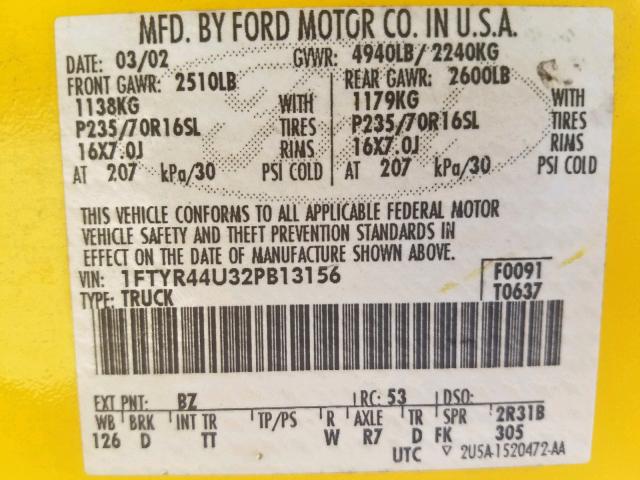 1FTYR44U32PB13156 - 2002 FORD RANGER SUP YELLOW photo 10