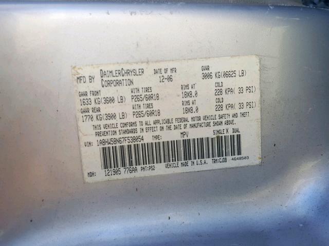 1A8HW58N67F538054 - 2007 CHRYSLER ASPEN LIMI SILVER photo 10