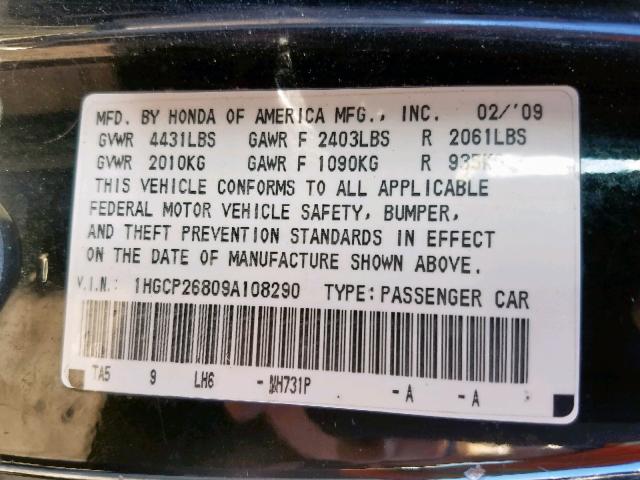 1HGCP26809A108290 - 2009 HONDA ACCORD EXL BLACK photo 10