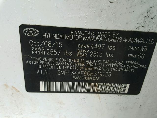 5NPE34AF9GH319126 - 2016 HYUNDAI SONATA SPO WHITE photo 10