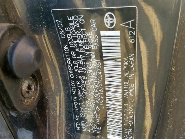 JTKDE167X80247351 - 2008 TOYOTA SCION TC 灰色 照片 10