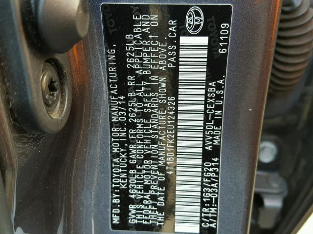 4T1BD1FK2EU124326 - 2014 TOYOTA CAMRY HYBR CHARCOAL photo 10