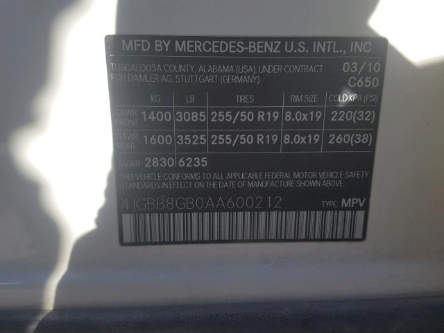 4JGBB8GB0AA600212 - 2010 MERCEDES-BENZ ML 350 4MA WHITE photo 10