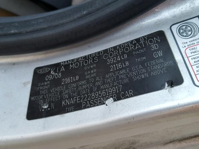 KNAFE222895619917 - 2009 KIA SPECTRA EX SILVER photo 10