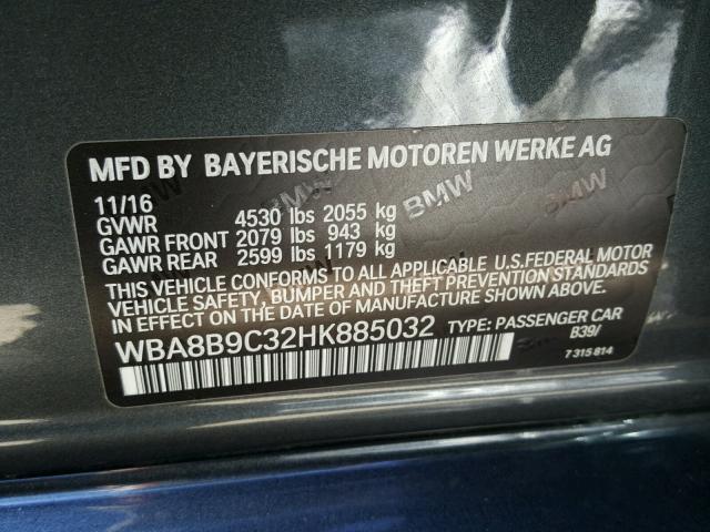 WBA8B9C32HK885032 - 2017 BMW 330 I GRAY photo 10