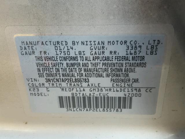 3N1CN7AP2EL855783 - 2014 NISSAN VERSA S SILVER photo 10