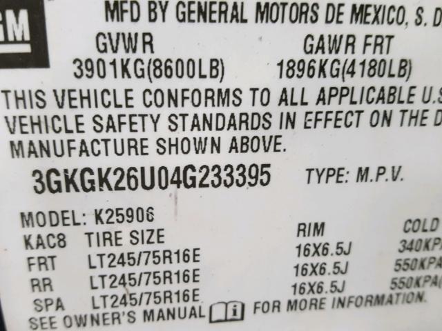 3GKGK26U04G233395 - 2004 GMC YUKON XL K BLUE photo 10