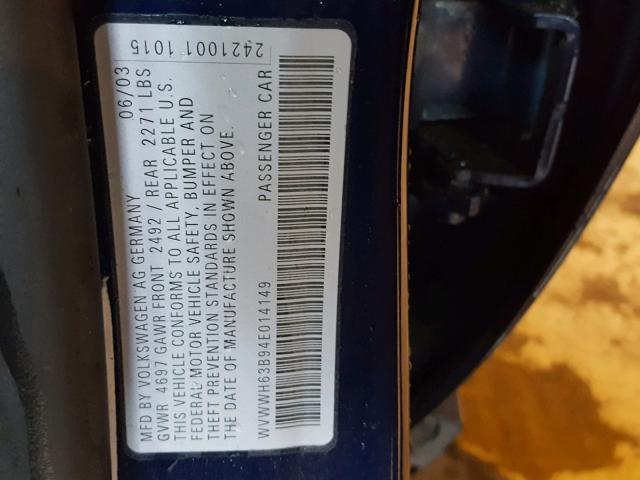 WVWWH63B94E014149 - 2004 VOLKSWAGEN PASSAT GLX BLUE photo 10