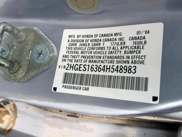 2HGES16364H548983 - 2004 HONDA CIVIC DX V SILVER photo 10