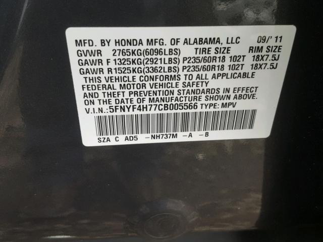 5FNYF4H77CB005566 - 2012 HONDA PILOT EXLN GRAY photo 10