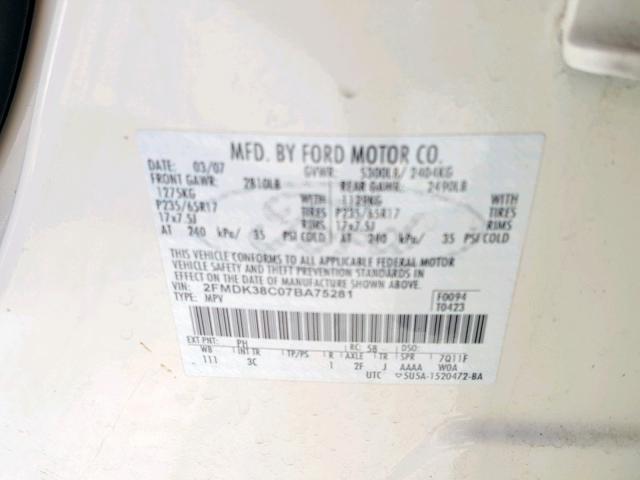 2FMDK38C07BA75281 - 2007 FORD EDGE SEL CREAM photo 10