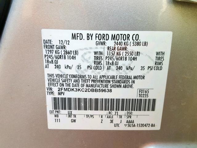 2FMDK3KC2DBB59638 - 2013 FORD EDGE LIMIT SILVER photo 10