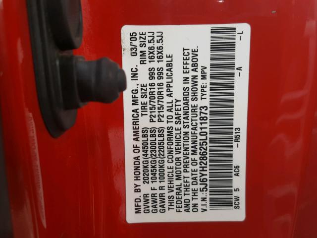 5J6YH28625L011873 - 2005 HONDA ELEMENT EX RED photo 10