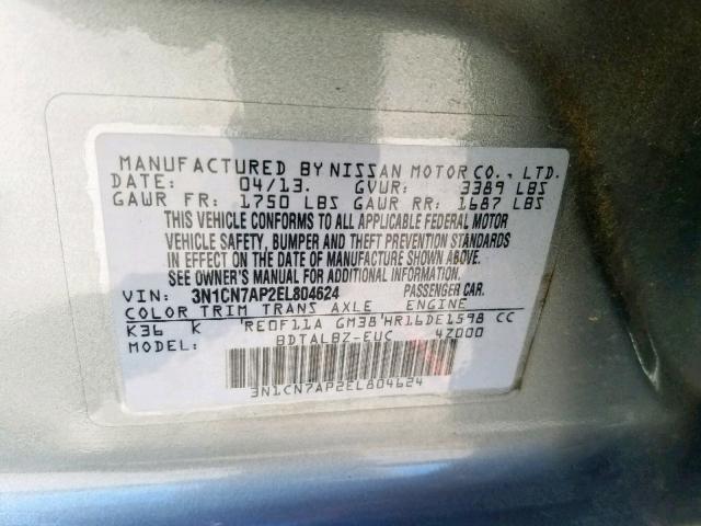 3N1CN7AP2EL804624 - 2014 NISSAN VERSA SV SILVER photo 10