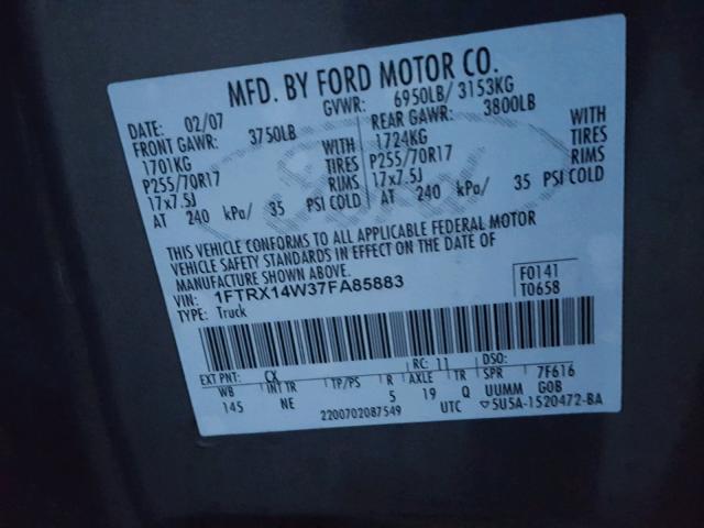 1FTRX14W37FA85883 - 2007 FORD F150 GRAY photo 10