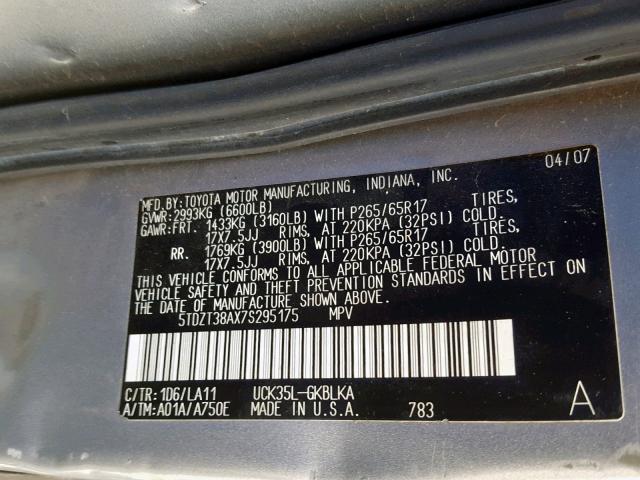 5TDZT38AX7S295175 - 2007 TOYOTA SEQUOIA LI SILVER photo 10