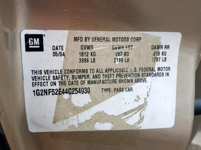 1G2NF52E44C254930 - 2004 PONTIAC GRAND AM S GOLD photo 10
