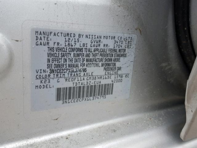 3N1CE2CPXGL374795 - 2016 NISSAN VERSA NOTE SILVER photo 10