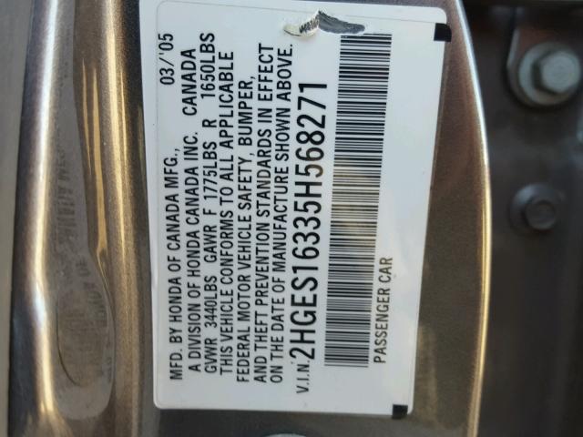 2HGES16335H568271 - 2005 HONDA CIVIC DX V GRAY photo 10