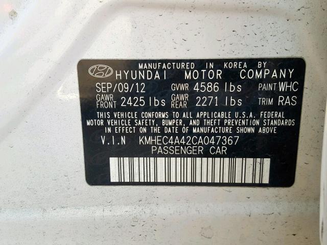 KMHEC4A42CA047367 - 2012 HYUNDAI SONATA HYB WHITE photo 10