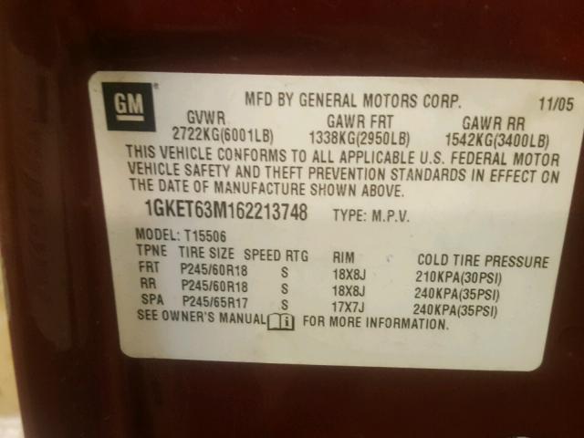 1GKET63M162213748 - 2006 GMC ENVOY DENA MAROON photo 10