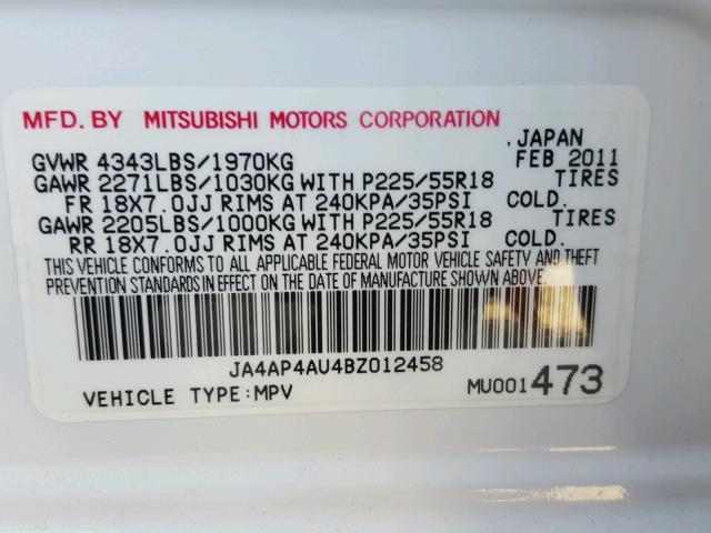 JA4AP4AU4BZ012458 - 2011 MITSUBISHI OUTLANDER WHITE photo 10