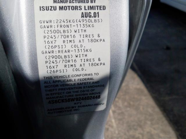 4S6CK58W924402448 - 2002 HONDA PASSPORT E SILVER photo 10