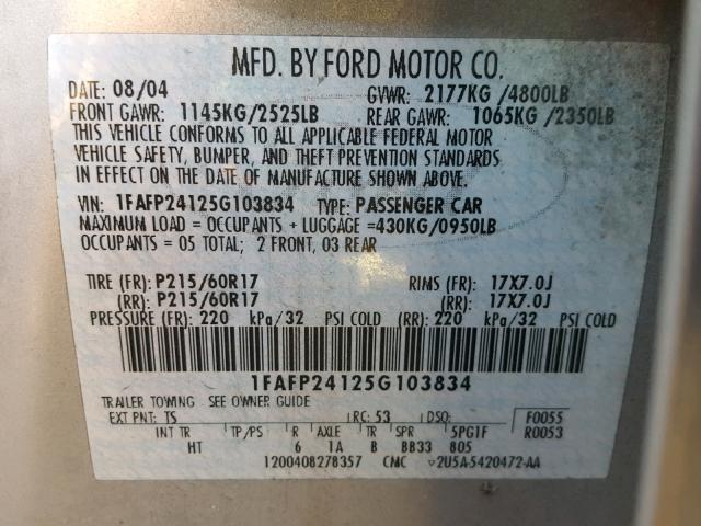 1FAFP24125G103834 - 2005 FORD FIVE HUNDR SILVER photo 10
