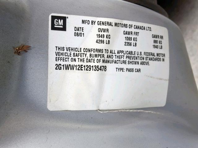 2G1WW12E129135478 - 2002 CHEVROLET MONTE CARL ნაცრისფერი ფოტო 10