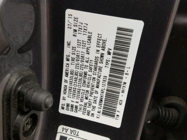 5J6RM4H74FL107638 - 2015 HONDA CR-V EXL GRAY photo 10